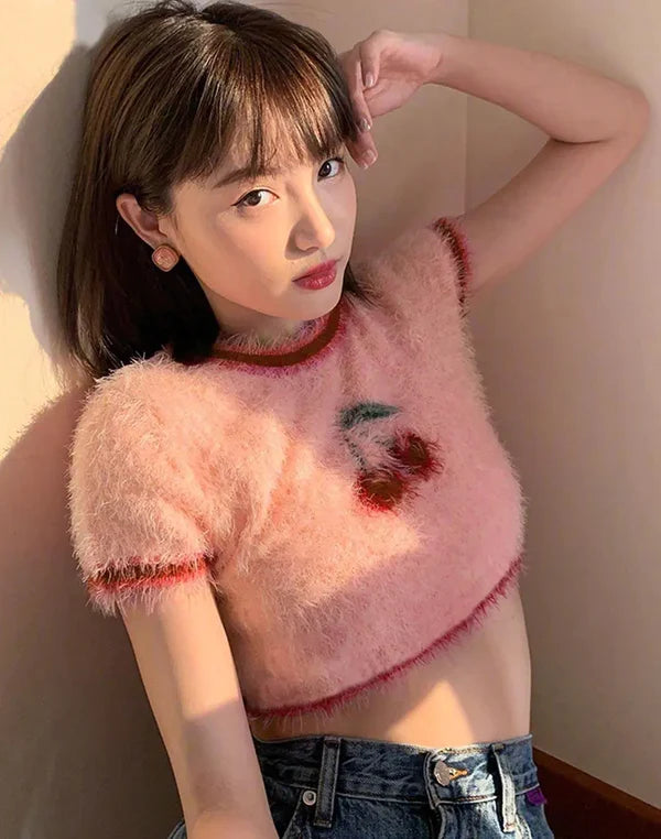 Stariality™ CROP TOP - CHERRY Stariality™ CROP TOP - CHERRY Cherry-Print-Furry-Crop-Top-High-Street-Pink-1677865772 stariality